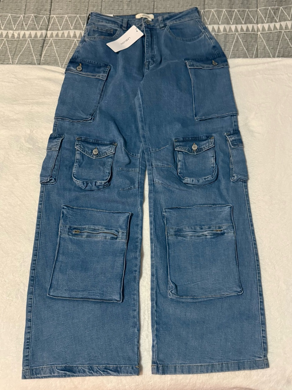 New Labijou Y2K Baggy Wide Leg Cargo Denim Jeans Size 27"